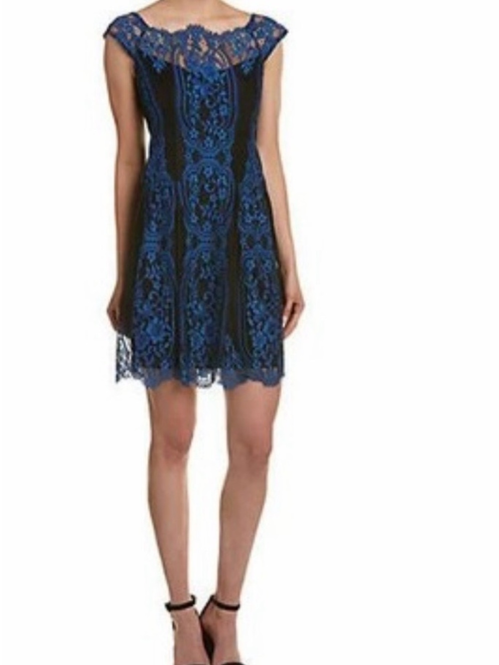 Nanette Lepore Picasso
Moon Blue /Black Lace Cap-Sleeve Mini Dress/ size 6/ NEW